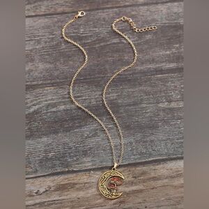 Boho Zinc Gold tinted Mushroom Crescent Moon Charm Necklace